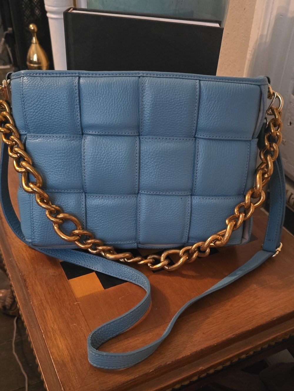 Quilted Light Blue Leather Crossbody with Gold Chain Accent